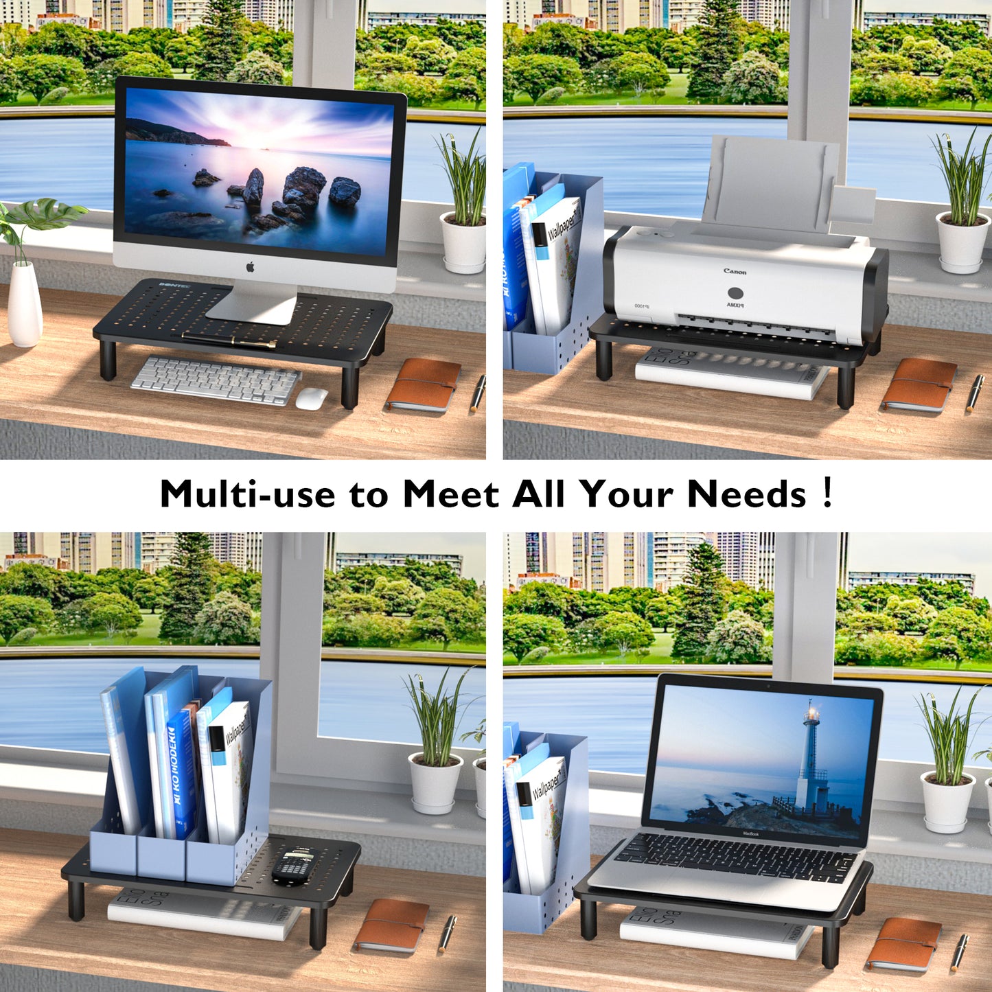 BONTEC Monitor Stand Riser, Computer Monitor Riser Stand with Mesh Platform for Laptop, Computer, iMac, PC up to 25KG with Pen Holder, Cable Management Slot