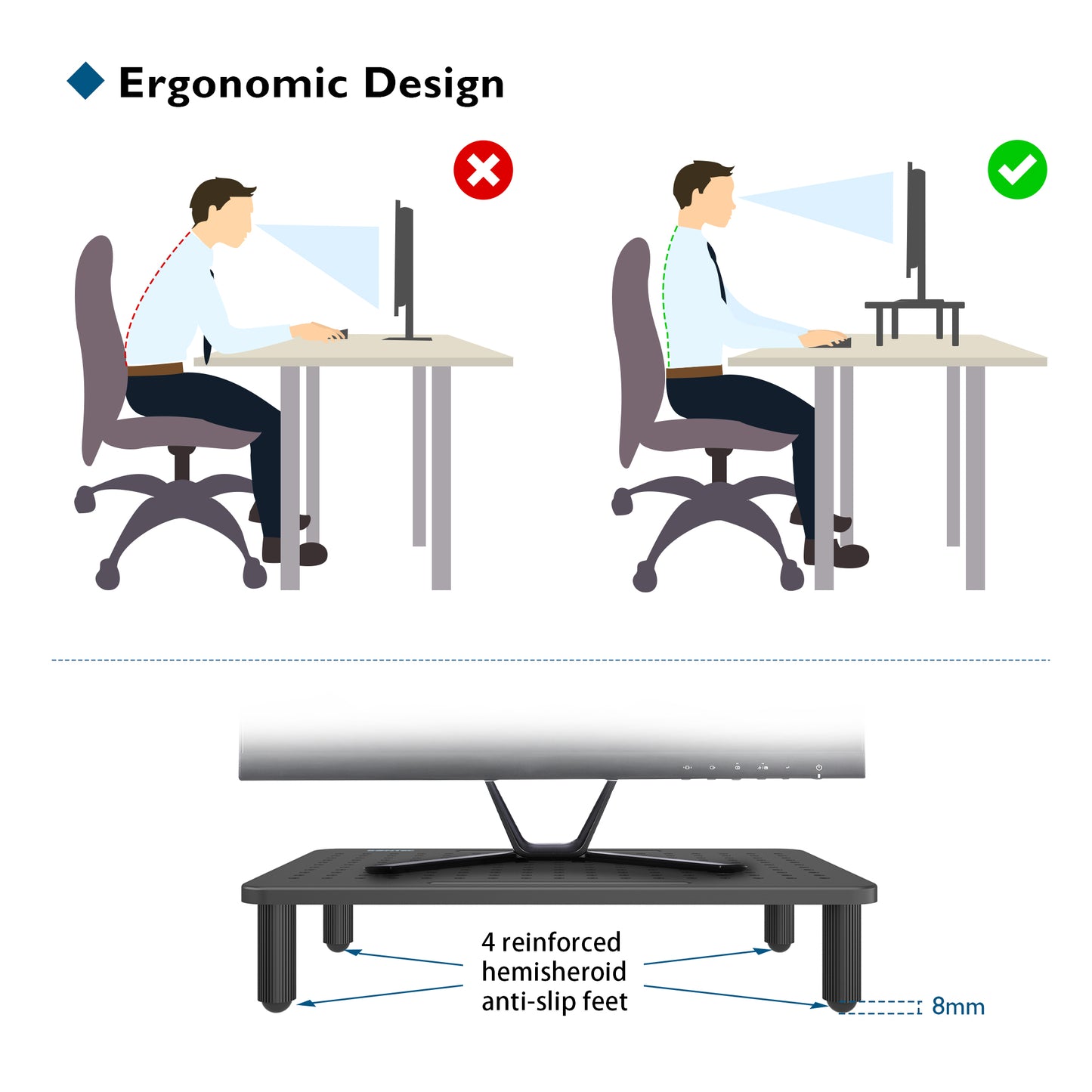 BONTEC Monitor Stand Riser, Computer Monitor Riser Stand with Mesh Platform for Laptop, Computer, iMac, PC up to 25KG with Pen Holder, Cable Management Slot