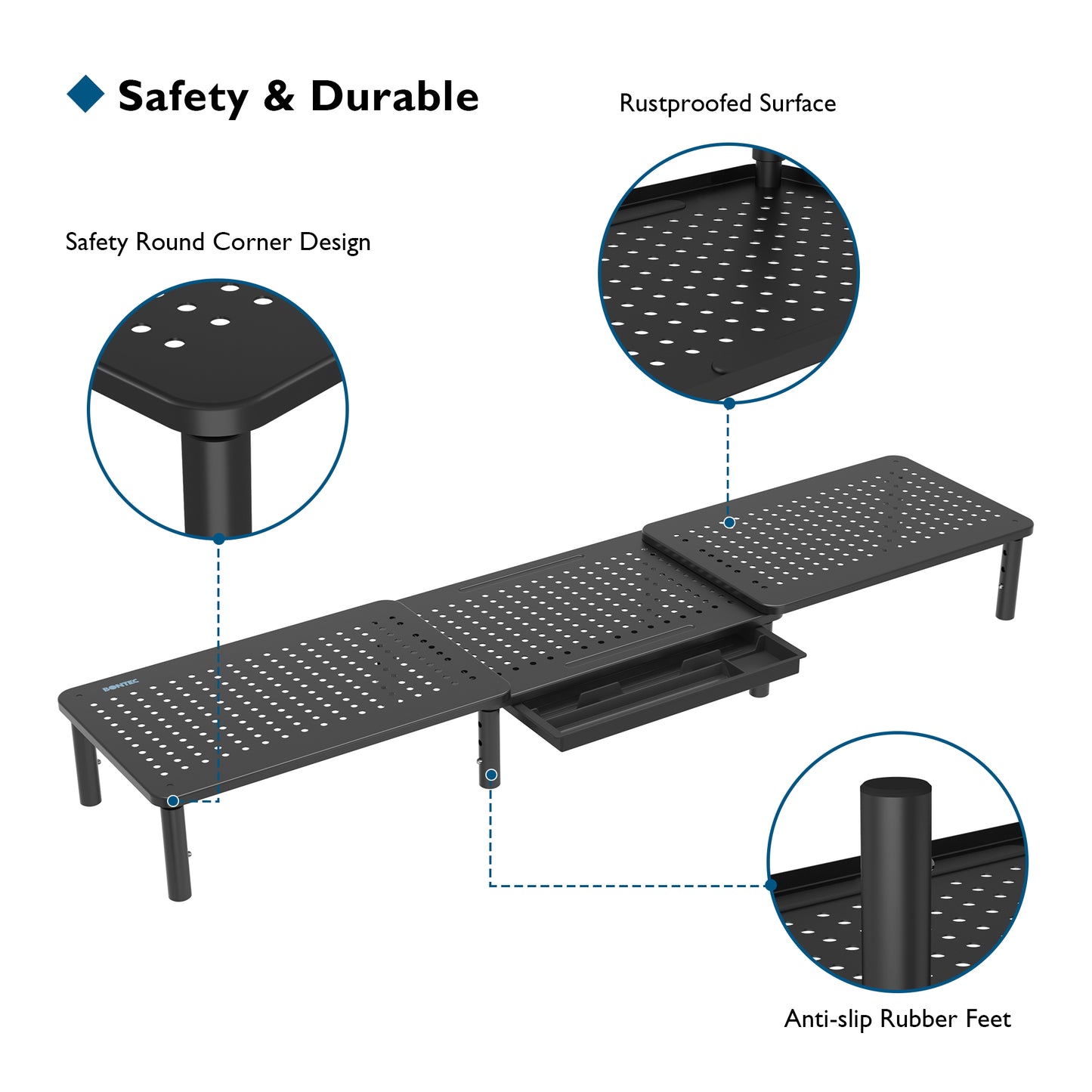 BONTEC Dual Monitor Stand Riser, 3 Height Adjustable Desktop Monitor Stand with Drawer, Mesh Platform Desktop Organizer Stand for Laptop, Computer, iMac, PC, Printer up to 20KG