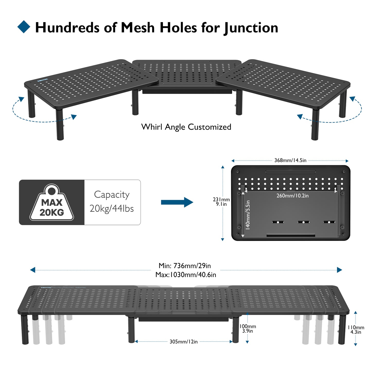 BONTEC Dual Monitor Stand Riser, 3 Height Adjustable Desktop Monitor Stand with Drawer, Mesh Platform Desktop Organizer Stand for Laptop, Computer, iMac, PC, Printer up to 20KG