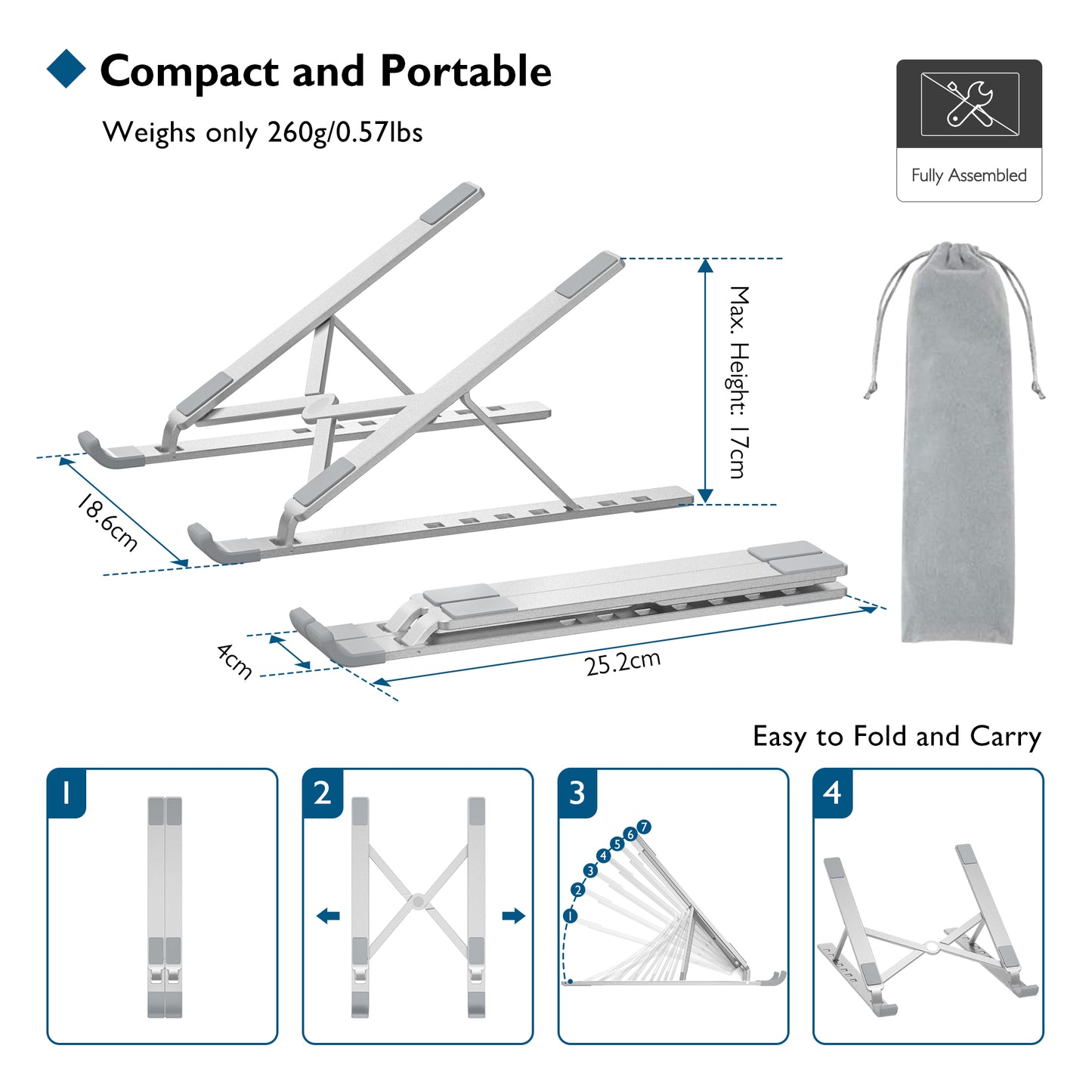 BONTEC Portable Laptop Stands for 10-17.3 inch Laptops Tablet, 7 Levels Height Adjustment Aluminum Laptop Computer Riser, Ventilated Cooling Desktop Laptop Holder Supports up to 20KG