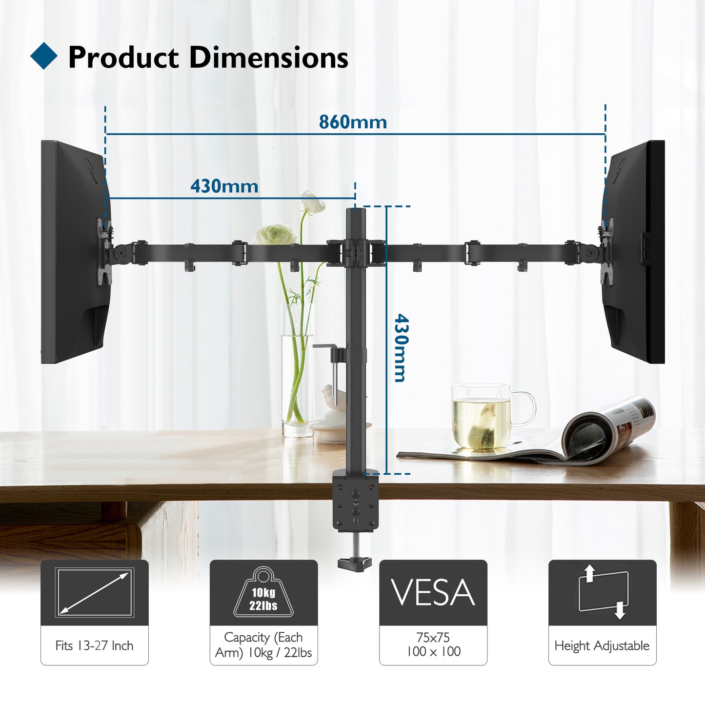 BONTEC Ergonomic Dual Monitor Stand for 13-27 inch LCD LED PC Screens for Desks