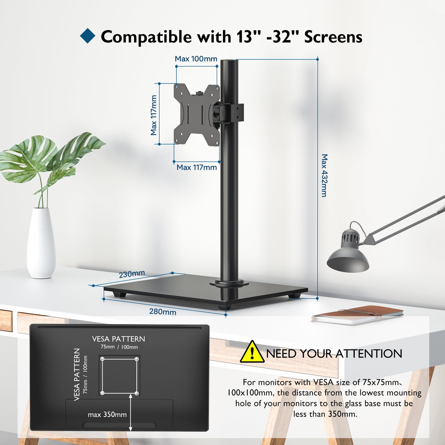BONTEC Single Arm Monitor Stand for 13-32 Inch Screens
