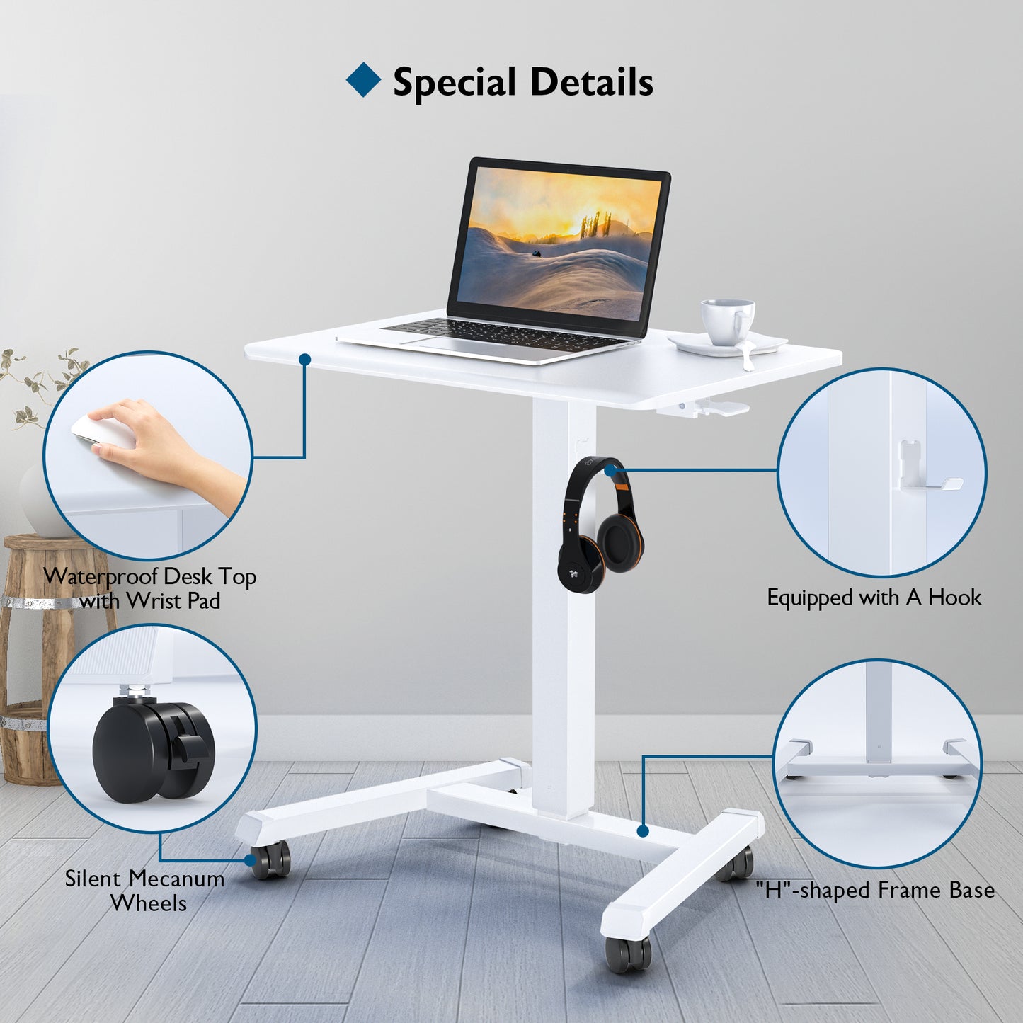 BONTEC 65 × 45cm Mobile Standing Desk with 4 Rolling Castors