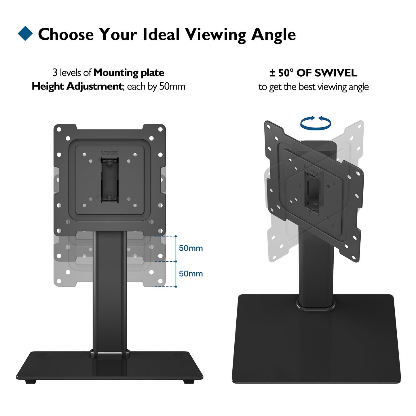 BONTEC Universal Swivel TV Stand for 17-43 inch Screens, Height Adjustable Table Top Pedestal TV Stand for LCD/LED/OLED/Plasma/Curved TVs up to 45kg, 2 Cable Ties Included