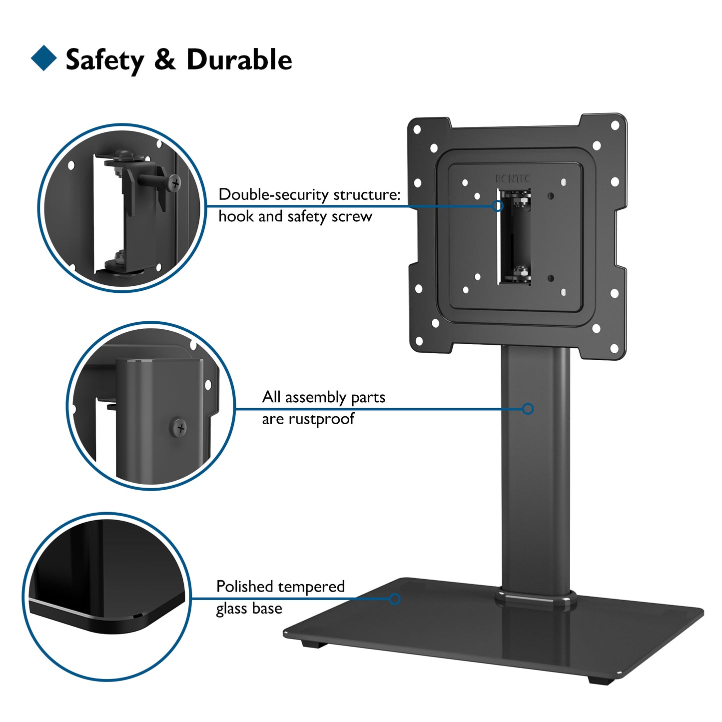 BONTEC Universal Swivel TV Stand for 17-43 inch Screens, Height Adjustable Table Top Pedestal TV Stand for LCD/LED/OLED/Plasma/Curved TVs up to 45kg, 2 Cable Ties Included