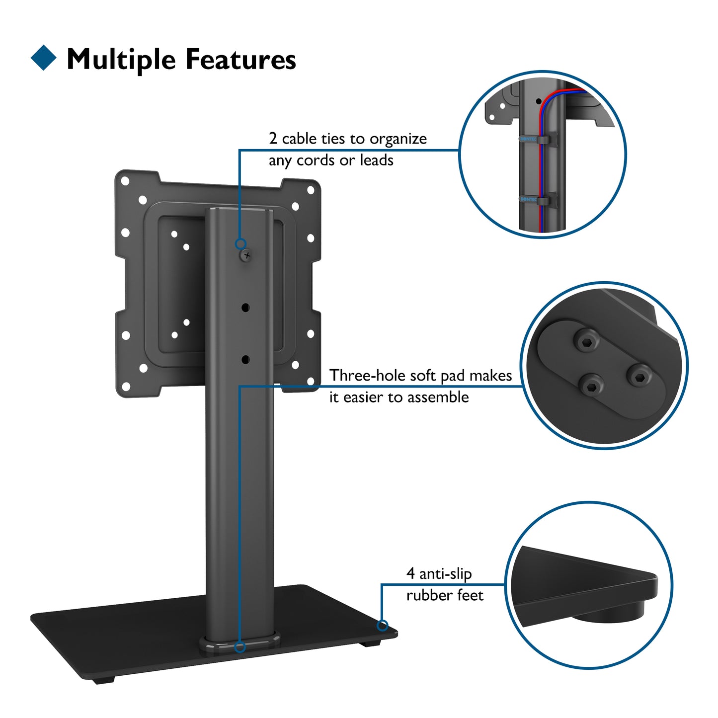 BONTEC Universal Swivel TV Stand for 17-43 inch Screens, Height Adjustable Table Top Pedestal TV Stand for LCD/LED/OLED/Plasma/Curved TVs up to 45kg, 2 Cable Ties Included