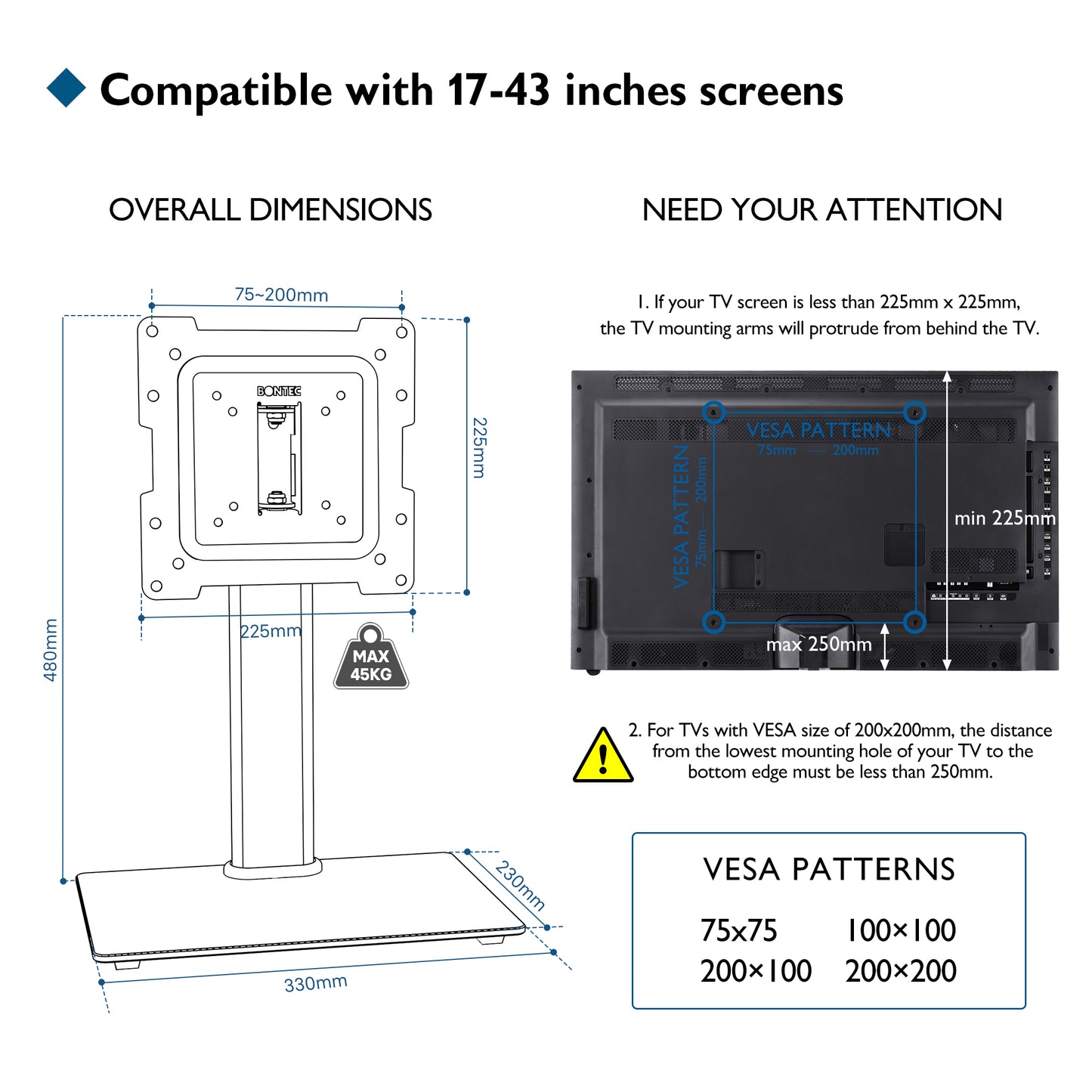BONTEC Universal Swivel TV Stand for 17-43 inch Screens, Height Adjustable Table Top Pedestal TV Stand for LCD/LED/OLED/Plasma/Curved TVs up to 45kg, 2 Cable Ties Included