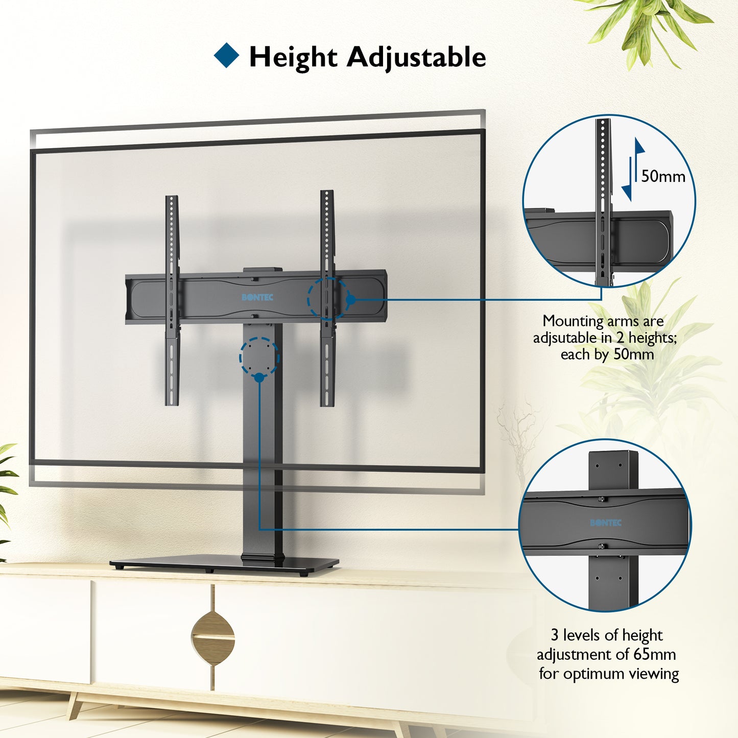 BONTEC Universal Swivel Table Top TV Stand for 42–86 inch LED OLED LCD Screens, Heights Adjustable Table Top TV Stand with Tempered Glass Base, Large TV Pedestal Stand Holds 50kgs, Max. VESA 800x600mm