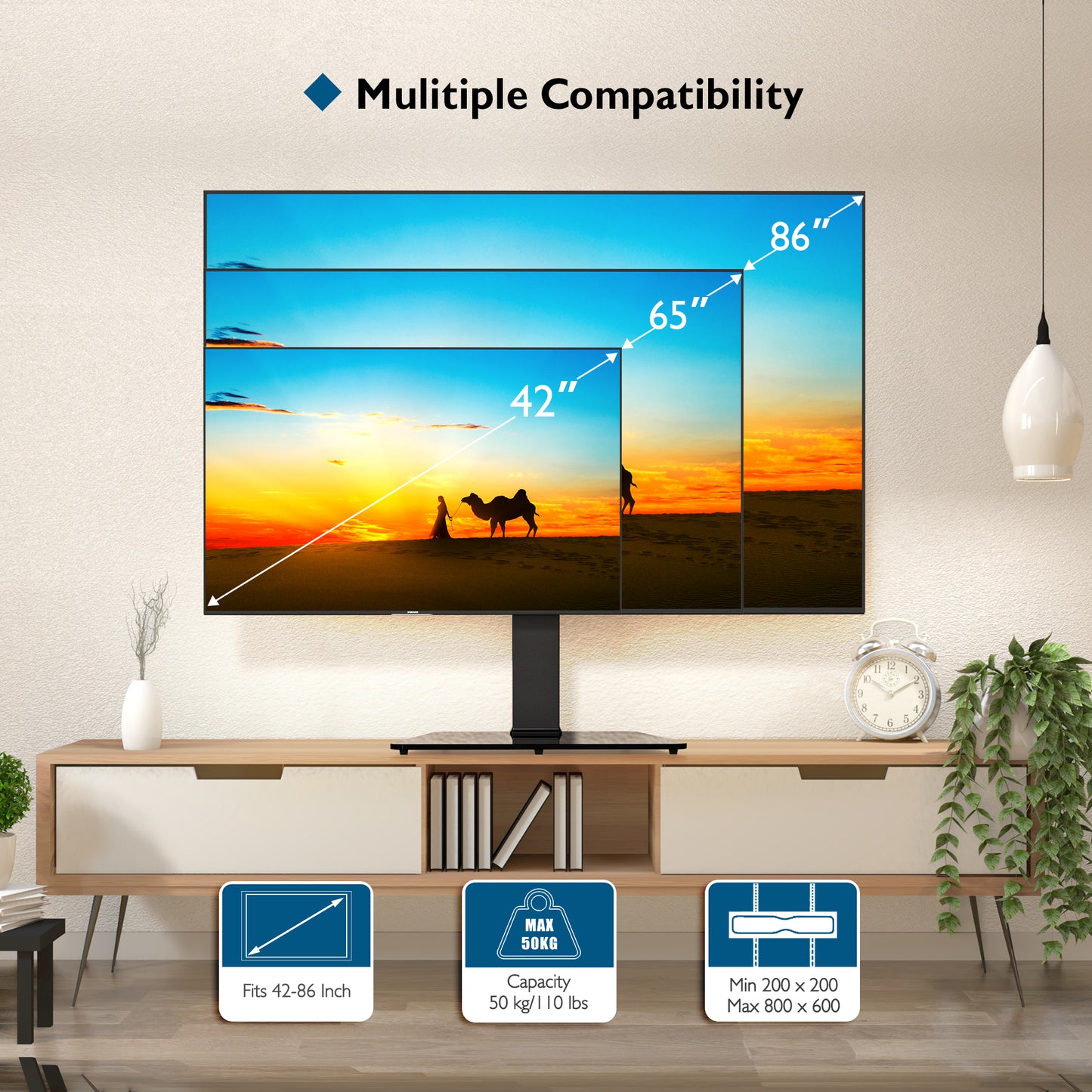 BONTEC Universal Swivel Table Top TV Stand for 42–86 inch LED OLED LCD Screens, Heights Adjustable Table Top TV Stand with Tempered Glass Base, Large TV Pedestal Stand Holds 50kgs, Max. VESA 800x600mm