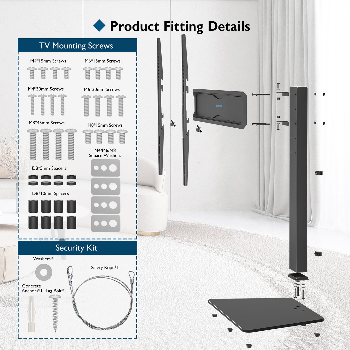 BONTEC Universal Swivel Table Top TV Stand for 42–86 inch LED OLED LCD Screens, Heights Adjustable Table Top TV Stand with Tempered Glass Base, Large TV Pedestal Stand Holds 50kgs, Max. VESA 800x600mm
