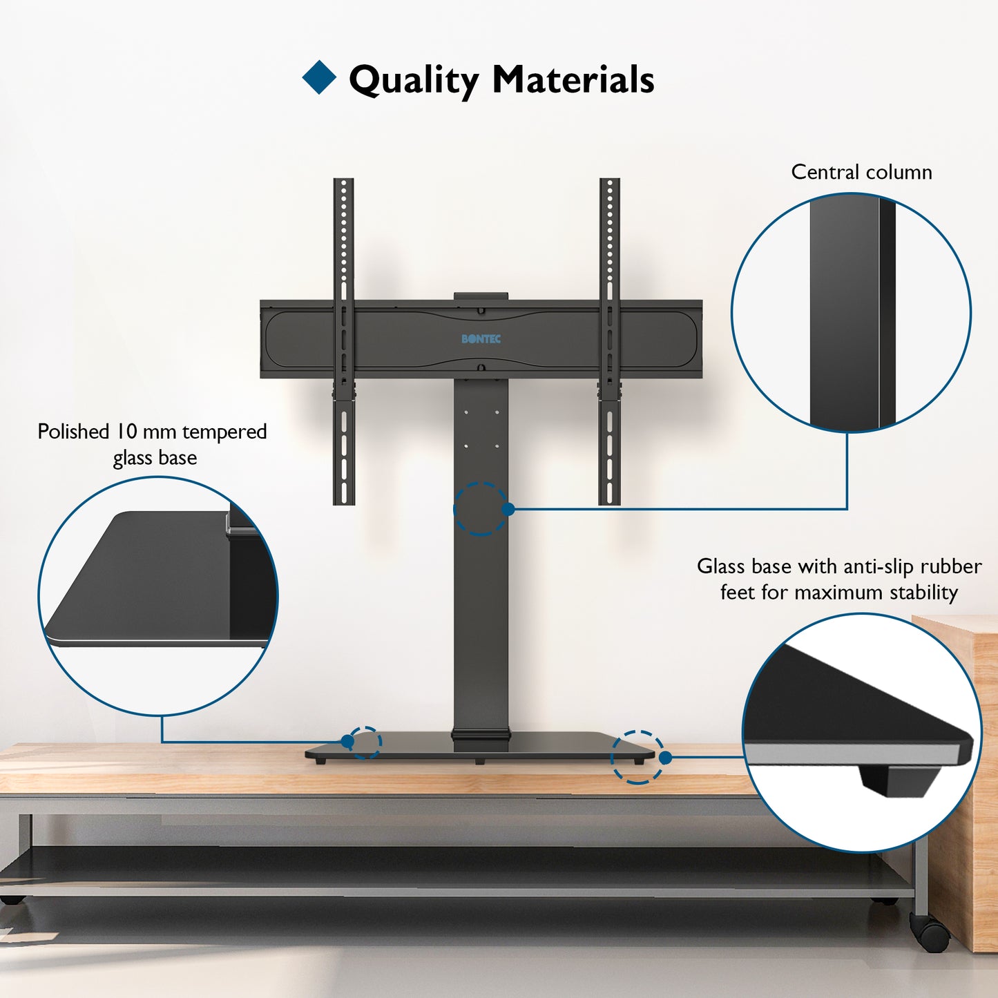 BONTEC Universal Swivel Table Top TV Stand for 42–86 inch LED OLED LCD Screens, Heights Adjustable Table Top TV Stand with Tempered Glass Base, Large TV Pedestal Stand Holds 50kgs, Max. VESA 800x600mm