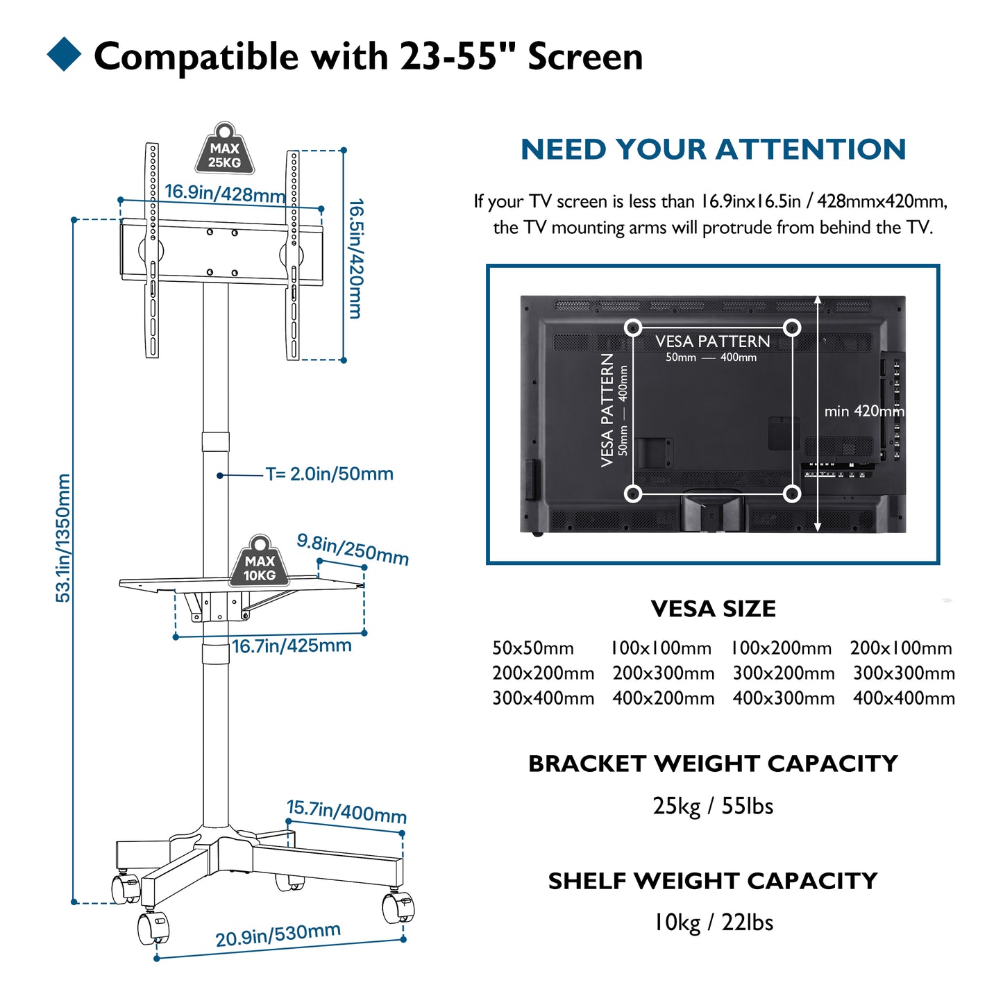 BONTEC Mobile TV Stand on Wheels for 23-55 inch Plasma/LCD/LED TVs