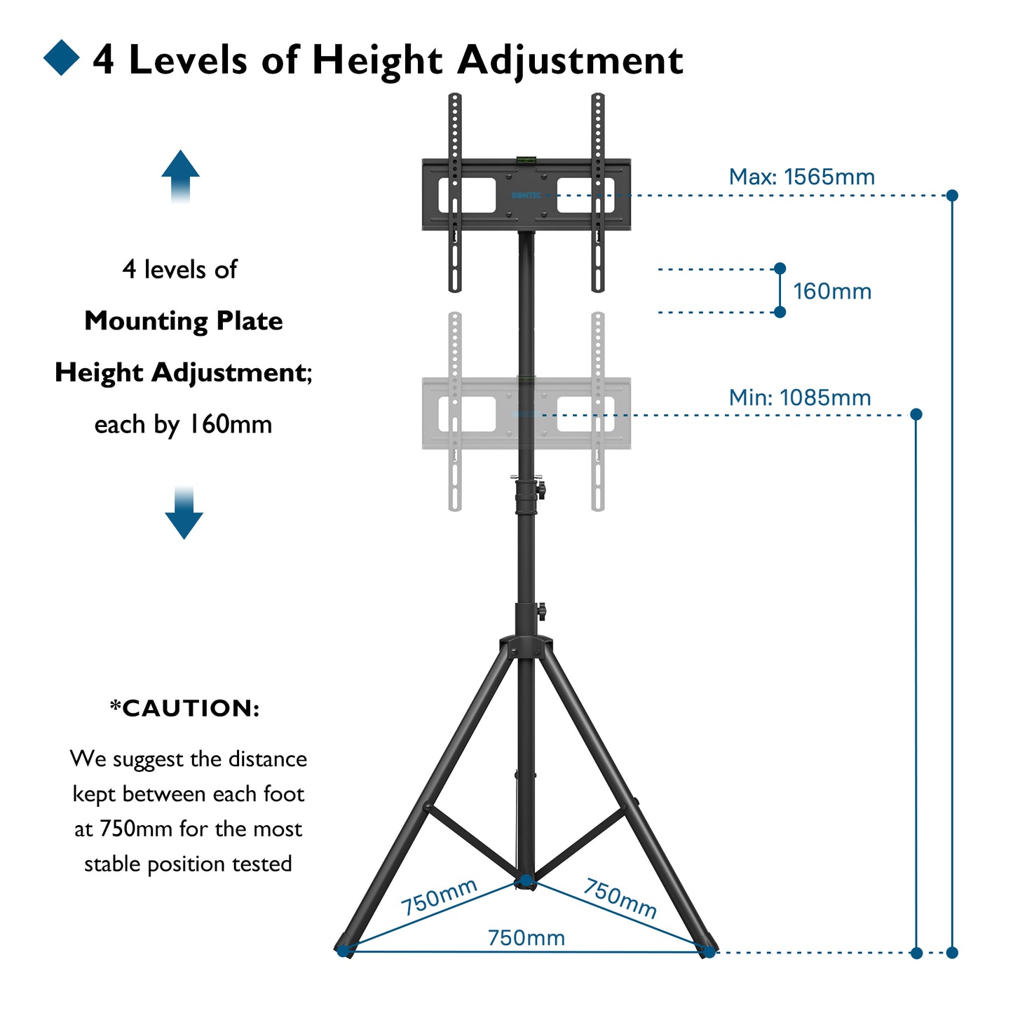 BONTEC Tripod TV Stand for most 32-60 inch Flat&Curved Plasma/LCD/LED Screens, Portable Home Display Floor TV Stand Swivel Tilt Height Adjustable with Bracket Mount Hold up to 45kgs Max VESA 400x400mm