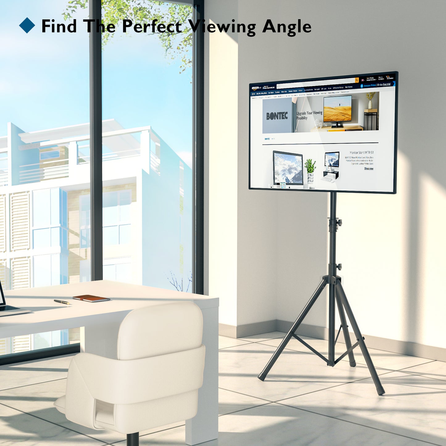 BONTEC Tripod TV Stand for most 32-60 inch Flat&Curved Plasma/LCD/LED Screens, Portable Home Display Floor TV Stand Swivel Tilt Height Adjustable with Bracket Mount Hold up to 45kgs Max VESA 400x400mm