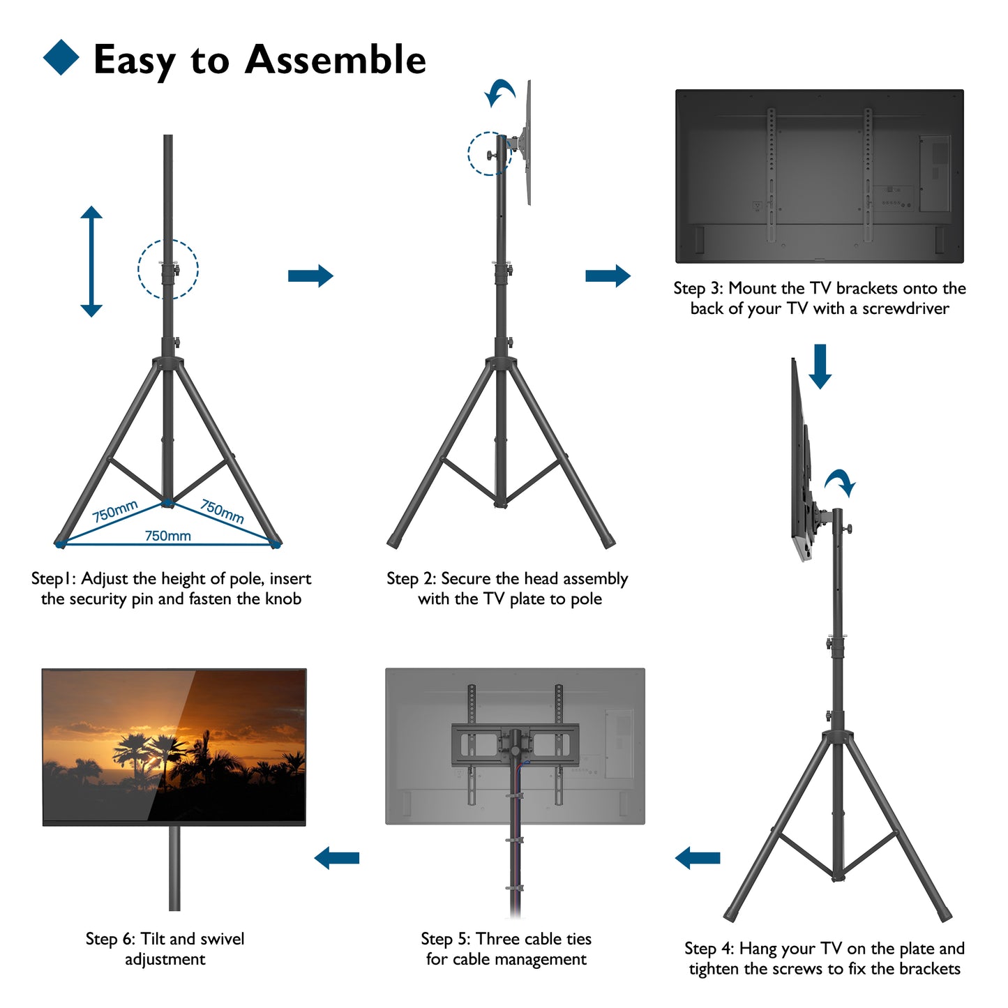 BONTEC Tripod TV Stand for most 32-60 inch Flat&Curved Plasma/LCD/LED Screens, Portable Home Display Floor TV Stand Swivel Tilt Height Adjustable with Bracket Mount Hold up to 45kgs Max VESA 400x400mm