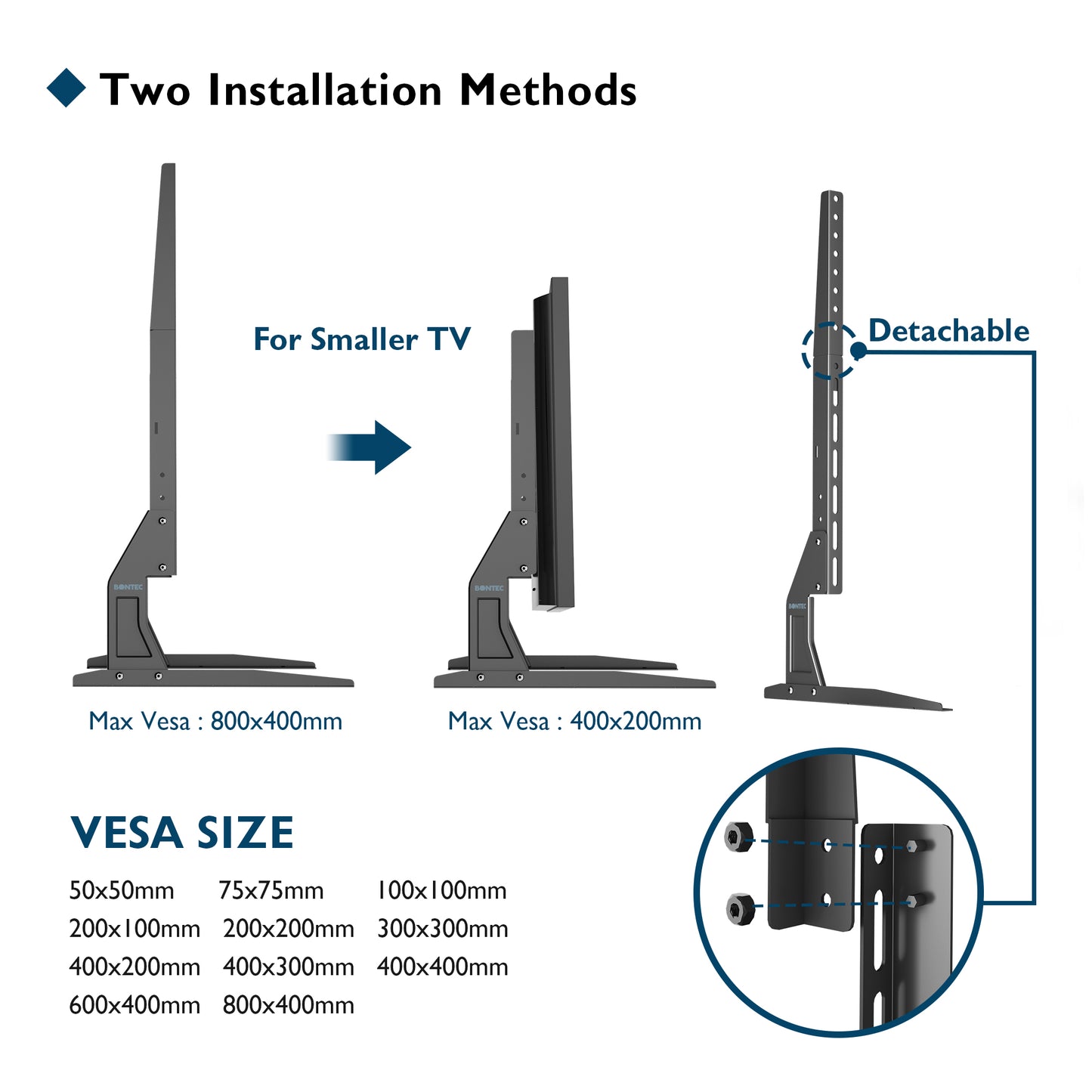 BONTEC Universal Table Top TV Stand Pedestal for 22-65 inch LCD/LED/OLED/Plasma TVs, Replacement TV Stand Legs for Screen Monitor Riser, Securely Holds 50KG & Max.VESA 800x400mm