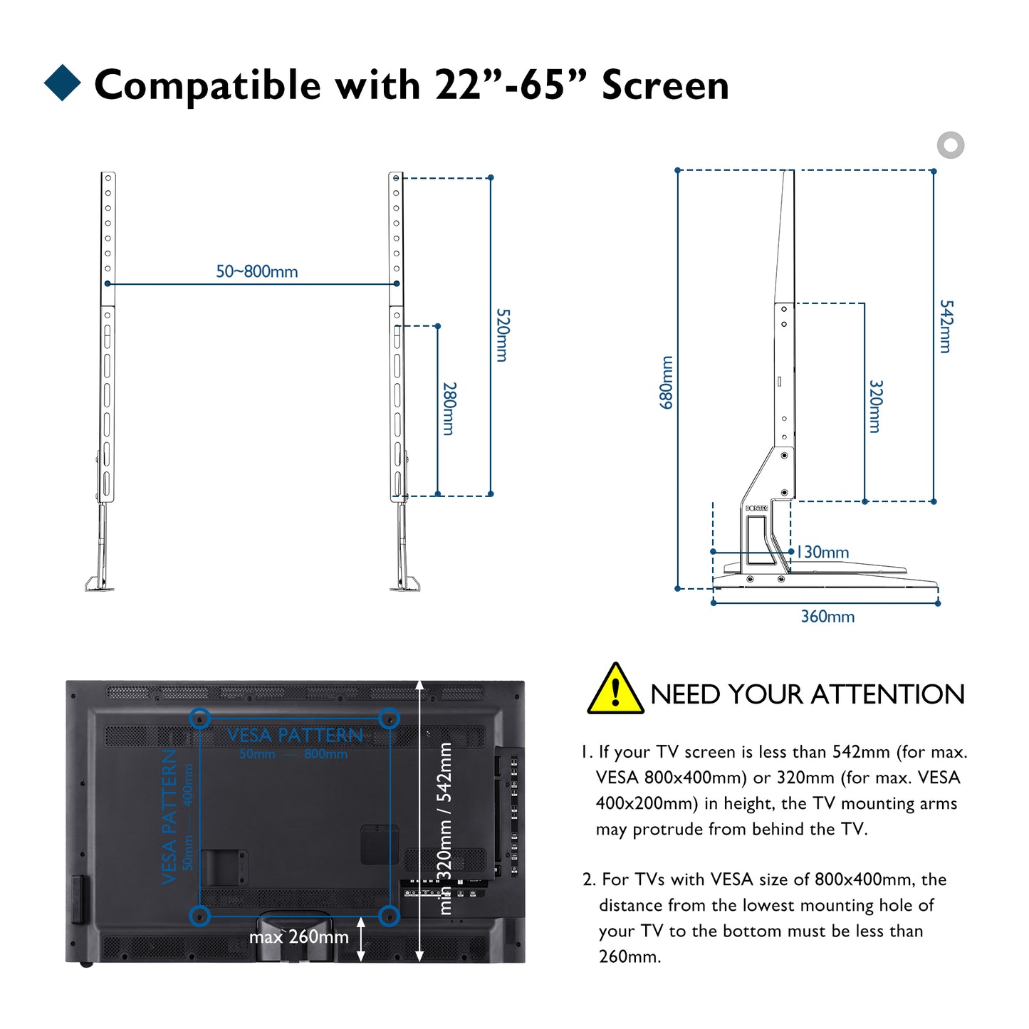 BONTEC Universal Table Top TV Stand Pedestal for 22-65 inch LCD/LED/OLED/Plasma TVs, Replacement TV Stand Legs for Screen Monitor Riser, Securely Holds 50KG & Max.VESA 800x400mm