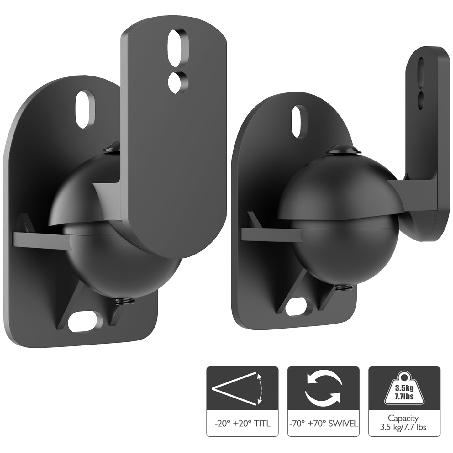 BONTEC Universal Speaker Wall Mounts, Satellite Speaker Wall Mount Brackets Adjustable Tilt Swivel for Surround Sound Speakers, Hold up to 3.5kg (Black) (2 Pack)
