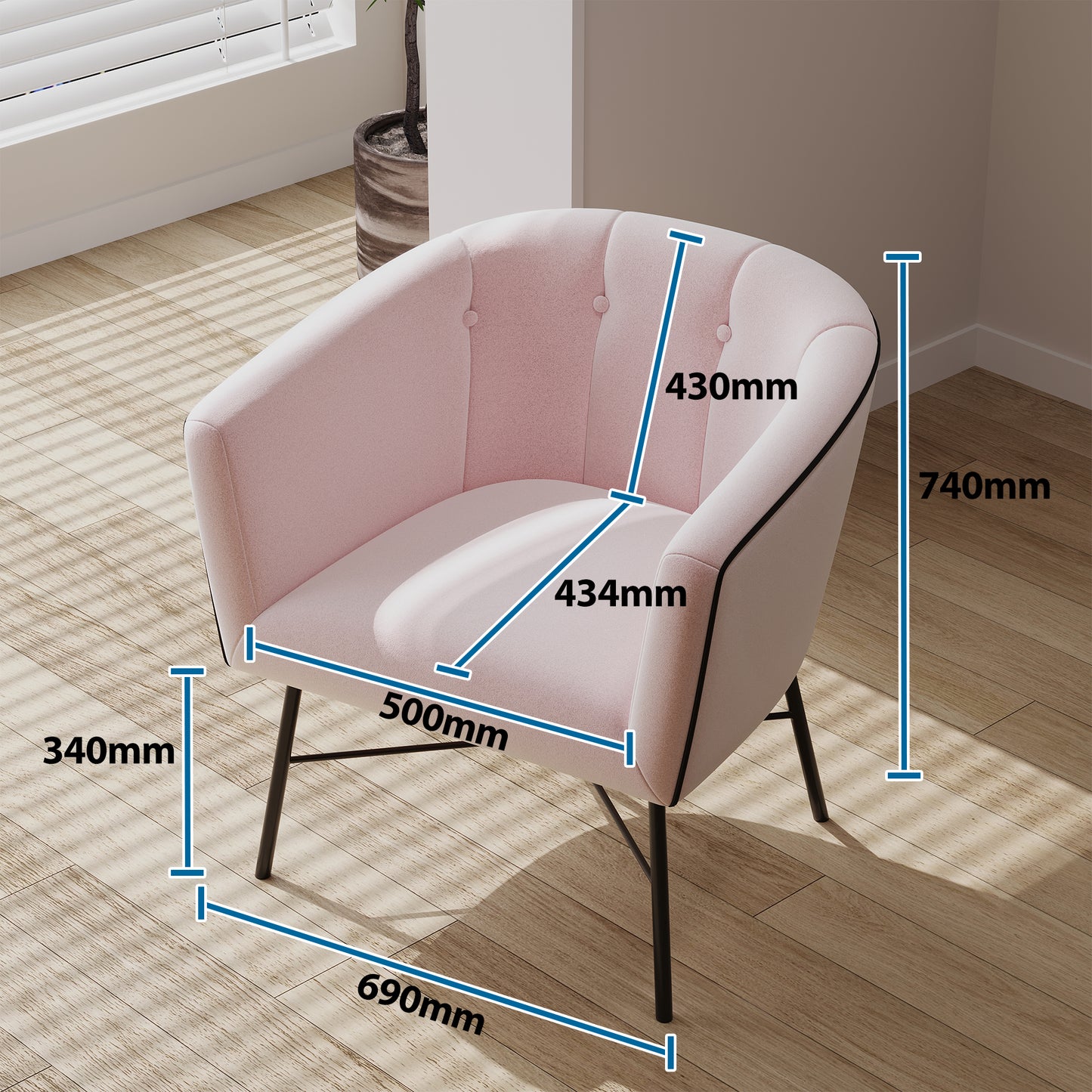 BONTEC Modern Velvet Tub Chair, Upholstered Accent Vanity Chair with Mental Legs, Barrel Armchair for Living Room, Bedroom, Makeup Room, Lounge, Cafe, Pink