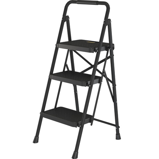 BONTEC 3 Step Ladder, Capacity 272KG with Wide Anti-Slip Pedals, Folding Steel Step Stool, Sponge Handlebar, Lightweight Portable Ladder Suitable for Home, Kitchen, Pantry, Indoor/Outdoor Use, Black