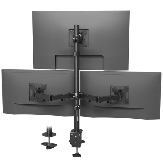 BONTEC Triple Monitor Desk Mount for One 32 Inch Screen and Two 27 inch Screens, Supports up to 10 kg, with Full Motion Adjustability, Dual Installation Options and Integrated Cable Management