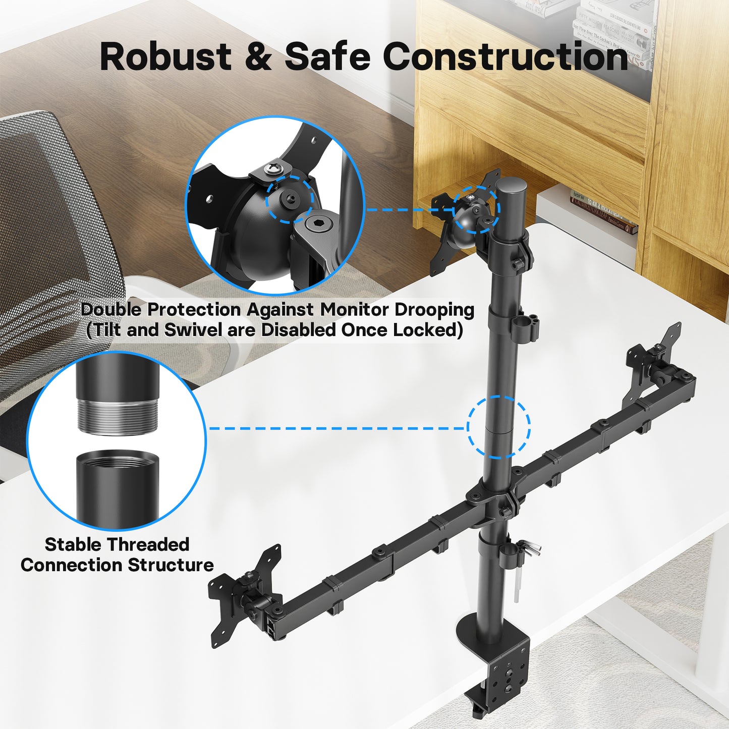 BONTEC Triple Monitor Desk Mount for One 32 Inch Screen and Two 27 inch Screens, Supports up to 10 kg, with Full Motion Adjustability, Dual Installation Options and Integrated Cable Management