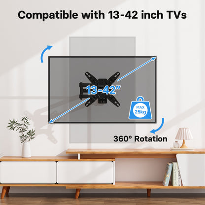 BONTEC TV Wall mount for most 13-42 inch Flat Curved TVs up to 25kg, Full Motion TV Wall Mount with Tilt, Swivel, 360°Rotate, Max VESA 200x200mm