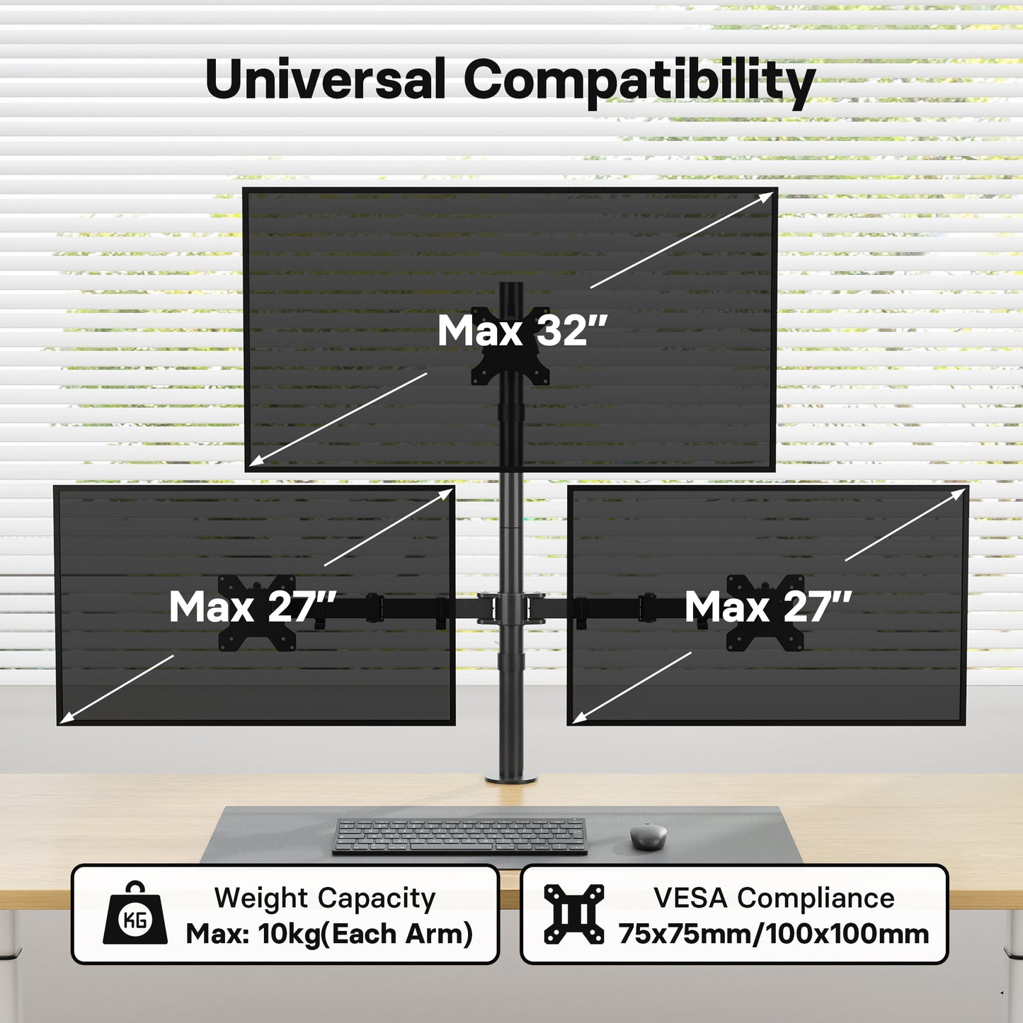 BONTEC Triple Monitor Desk Mount for One 32 Inch Screen and Two 27 inch Screens, Supports up to 10 kg, with Full Motion Adjustability, Dual Installation Options and Integrated Cable Management