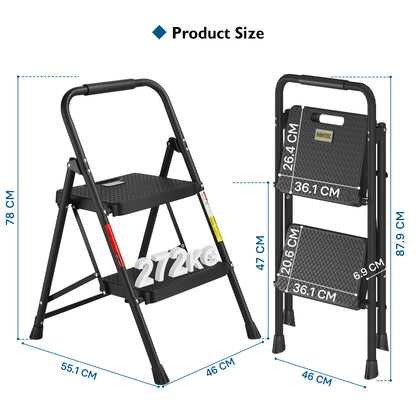 BONTEC 2 Step Ladder, Capacity 272KG with Wide Anti-Slip Pedals, Folding Steel Step Stool, Sponge Handlebar, Lightweight Portable Ladder Suitable for Home, Kitchen, Pantry, Indoor/Outdoor Use, Black