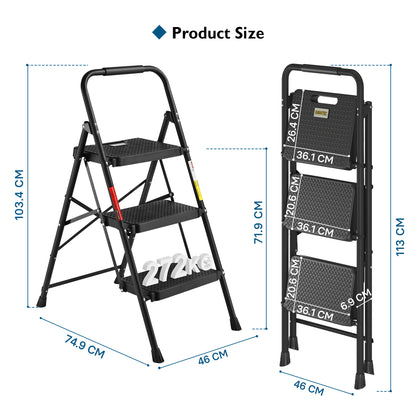 BONTEC 3 Step Ladder, Capacity 272KG with Wide Anti-Slip Pedals, Folding Steel Step Stool, Sponge Handlebar, Lightweight Portable Ladder Suitable for Home, Kitchen, Pantry, Indoor/Outdoor Use, Black