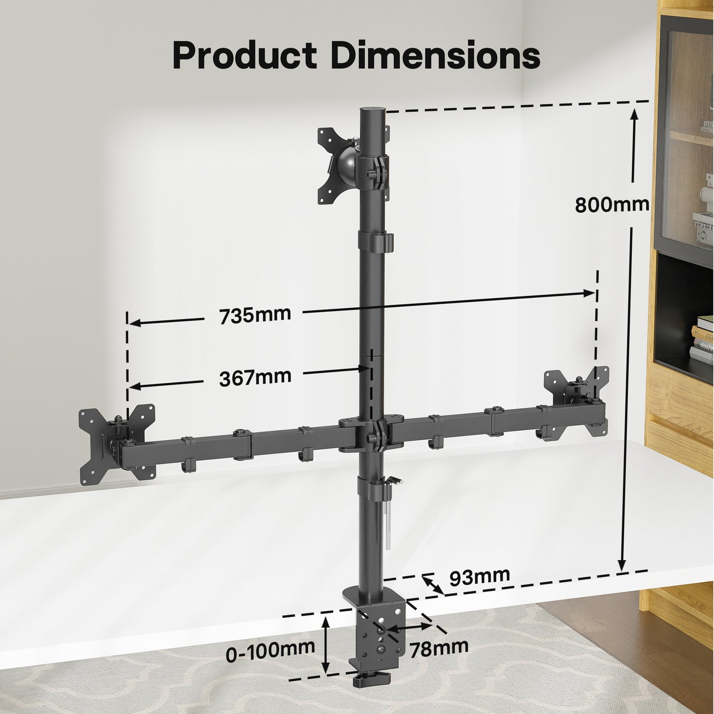 BONTEC Triple Monitor Desk Mount for One 32 Inch Screen and Two 27 inch Screens, Supports up to 10 kg, with Full Motion Adjustability, Dual Installation Options and Integrated Cable Management