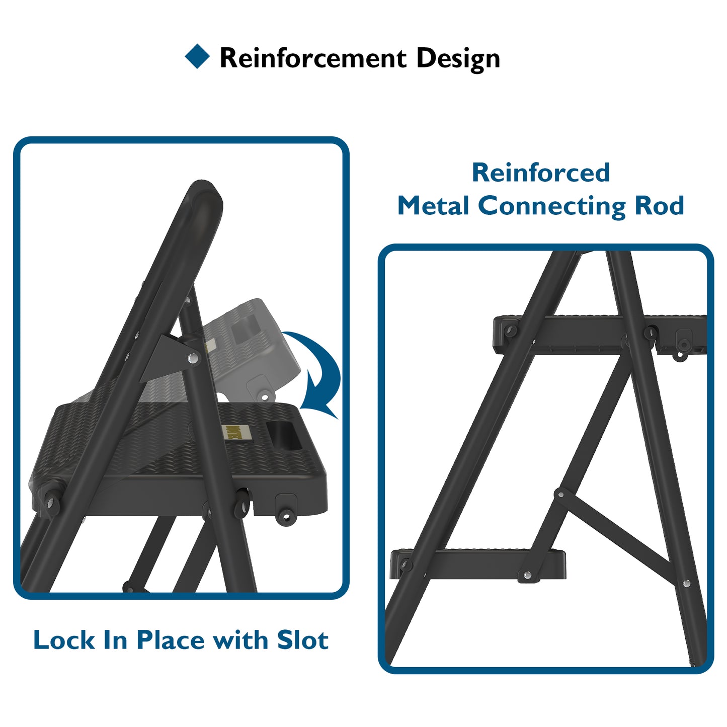 BONTEC 2 Step Ladder, Capacity 272KG with Wide Anti-Slip Pedals, Folding Steel Step Stool, Sponge Handlebar, Lightweight Portable Ladder Suitable for Home, Kitchen, Pantry, Indoor/Outdoor Use, Black