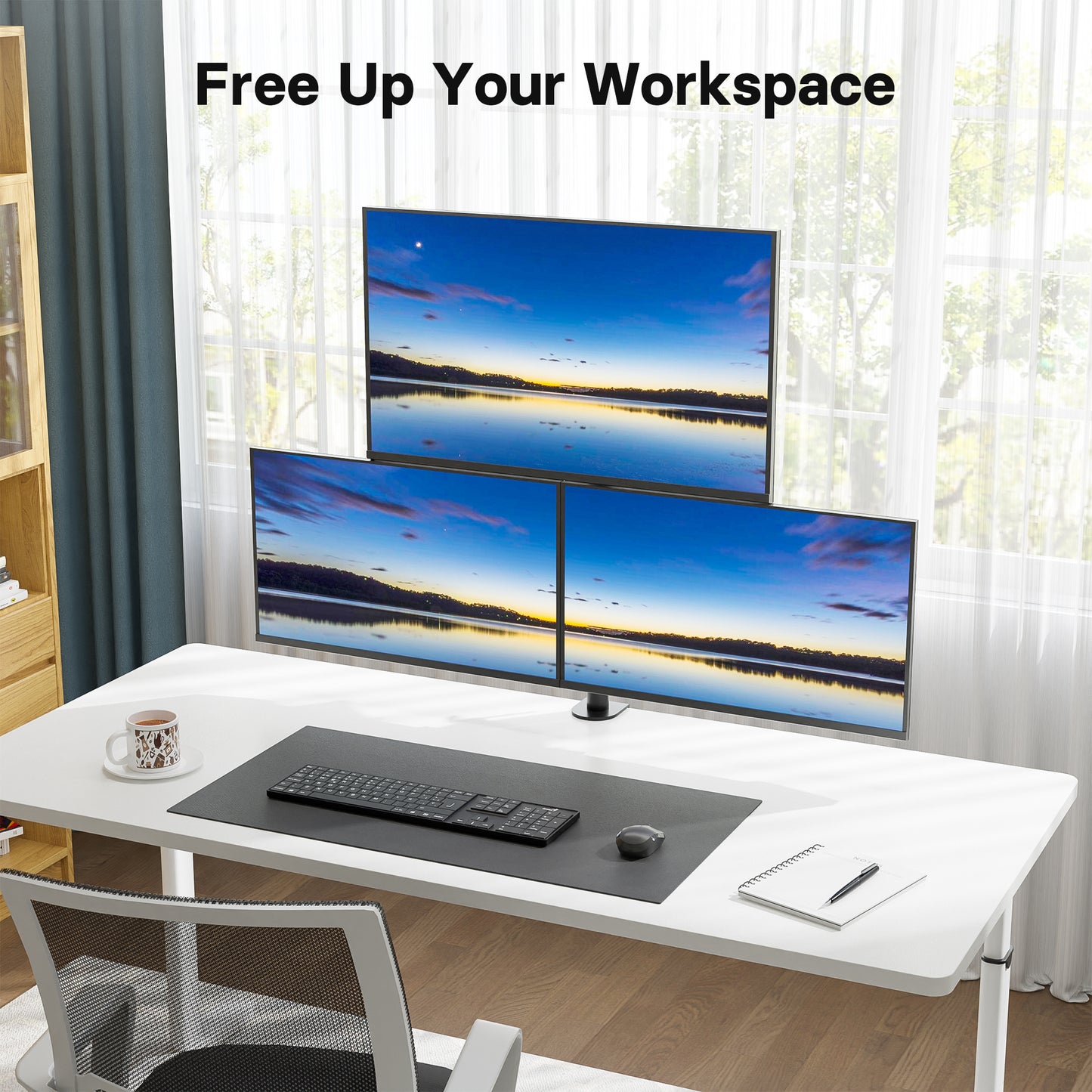 BONTEC Triple Monitor Desk Mount for One 32 Inch Screen and Two 27 inch Screens, Supports up to 10 kg, with Full Motion Adjustability, Dual Installation Options and Integrated Cable Management