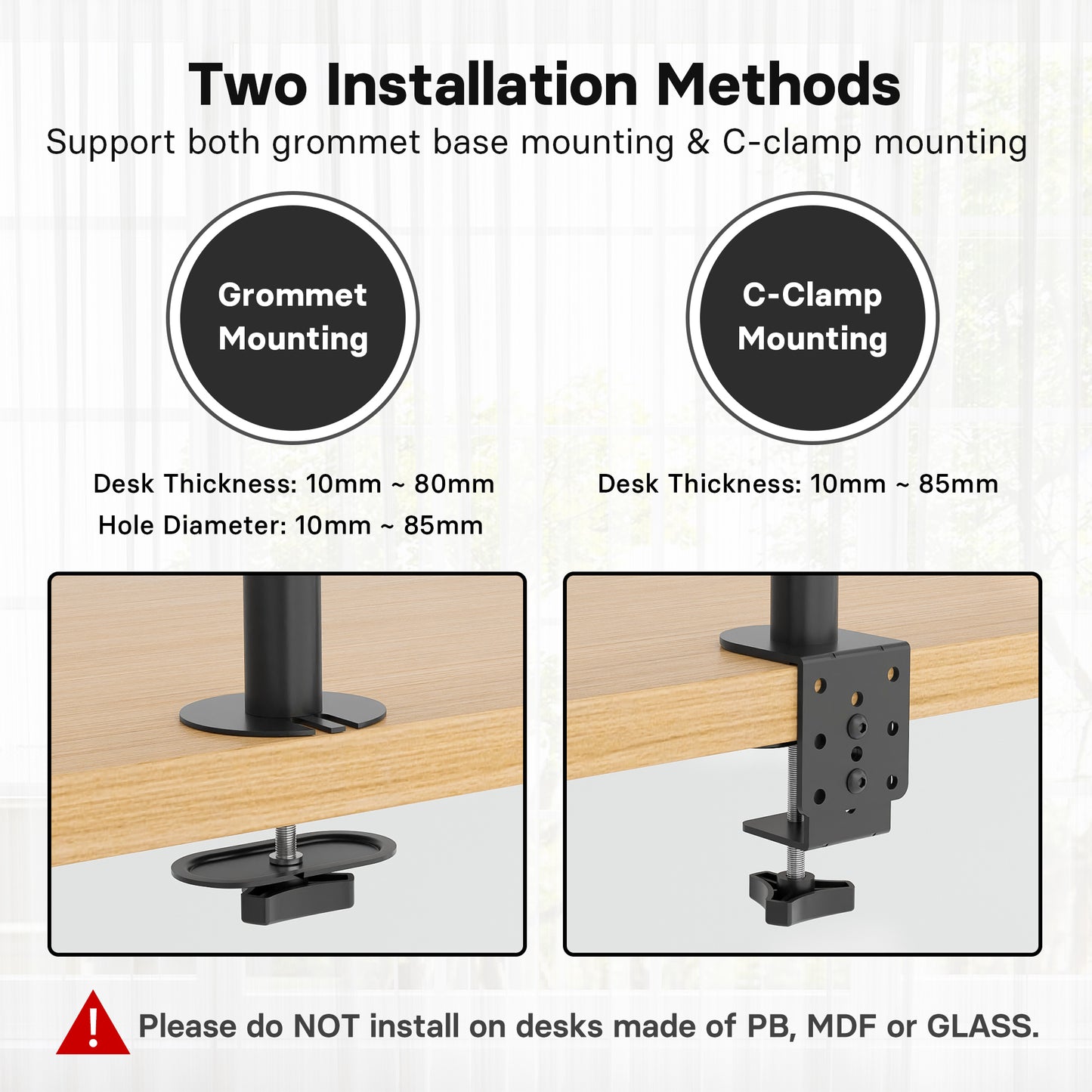 BONTEC Triple Monitor Desk Mount for One 32 Inch Screen and Two 27 inch Screens, Supports up to 10 kg, with Full Motion Adjustability, Dual Installation Options and Integrated Cable Management