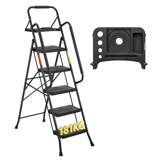 BONTEC 5 Step Ladder with Wide Anti-Slip Pedals, Folding Step Stool Capacity 181KG, Sponge Handrail, Strong and Solid Portable Ladder Suitable for Home, Kitchen, Pantry, Indoor/Outdoor Use