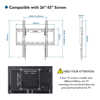 BONTEC TV Wall Mount Bracket for Most 26-65 inch LCD/ LED/ OLED Flat Curved TVs, Tilt Slim TV Wall Bracket up to 55kg