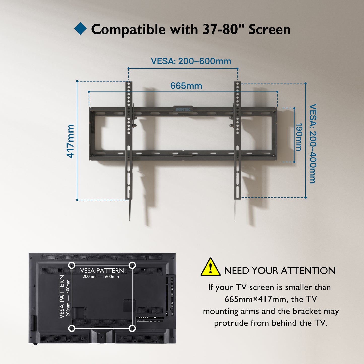 BONTEC TV Wall Bracket for 37-80 inch LED LCD OLED Plasma Flat Curved TVs