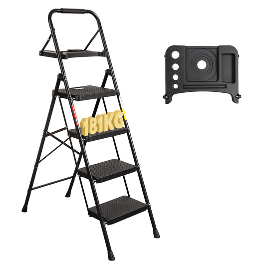 BONTEC 4 Step Ladder with Wide Anti-Slip Pedals, Folding Step Stool Capacity 181KG, Sponge Handrail, Strong and Solid Portable Ladder Suitable for Home, Kitchen, Pantry, Indoor/Outdoor Use, Black