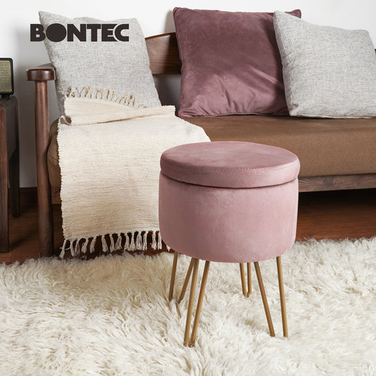 BONTEC Velvet Dressing Table Stool, Round Vanity Stool with Storange, Bedroom Ottoman Stool with Metal Legs for Home Living Room Fitting Room Bedroom