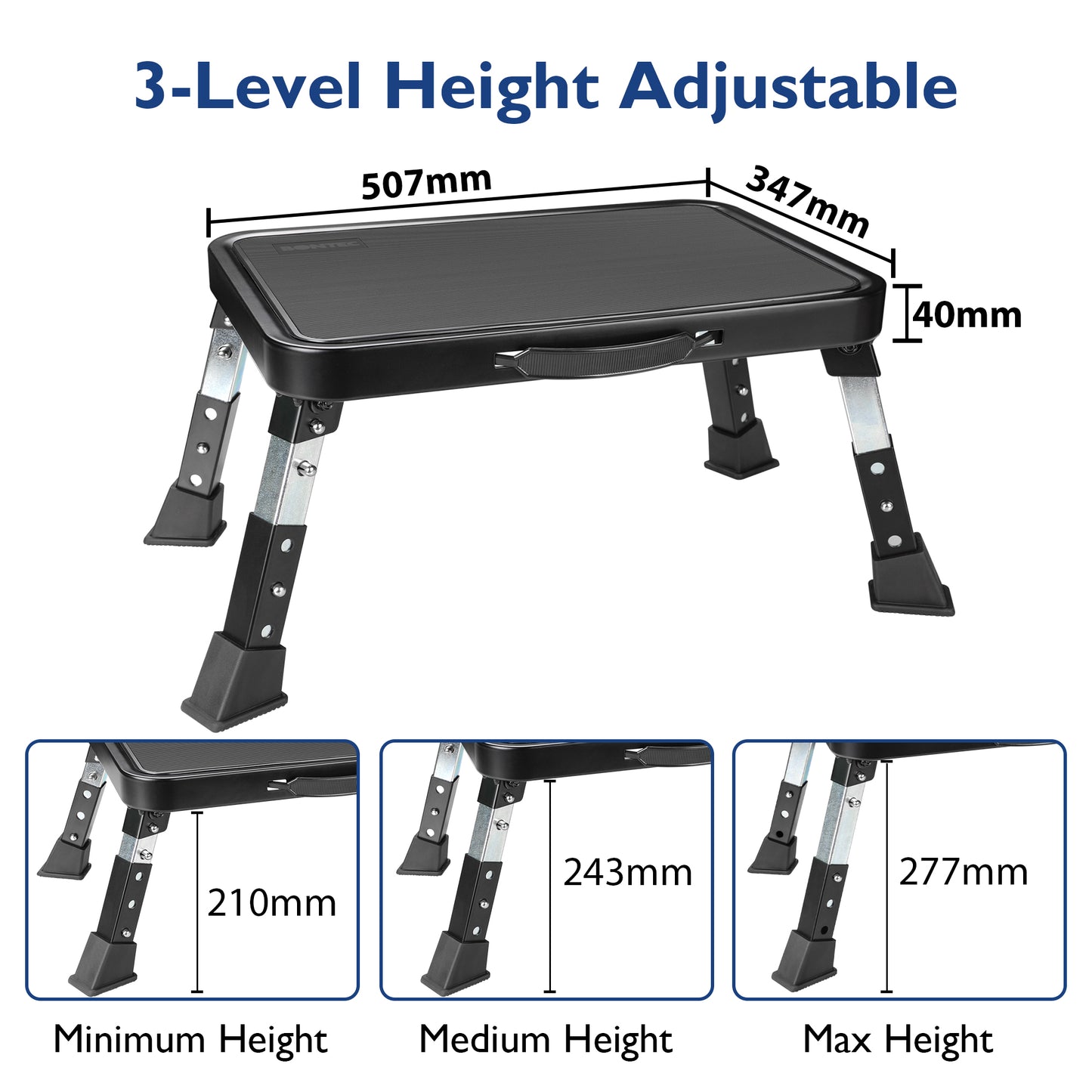 BONTEC Folding Step Stool with Anti-Slip Platform and Thick Rubber Feet - Portable Ladder Suitable for Adults and Children - Perfect for Kitchen, Bedroom, Office, RV Use, 3-Level Height, Supports Up to 330 lbs