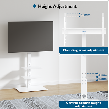 BONTEC Universal Floor TV Stand for 30-70 inch LED OLED LCD Plasma Flat Curved Screens, Height Adjustable Tall TV Stand with 3-Tier Tempered Glass Shelves up to 40KG, Max VESA 600x400mm