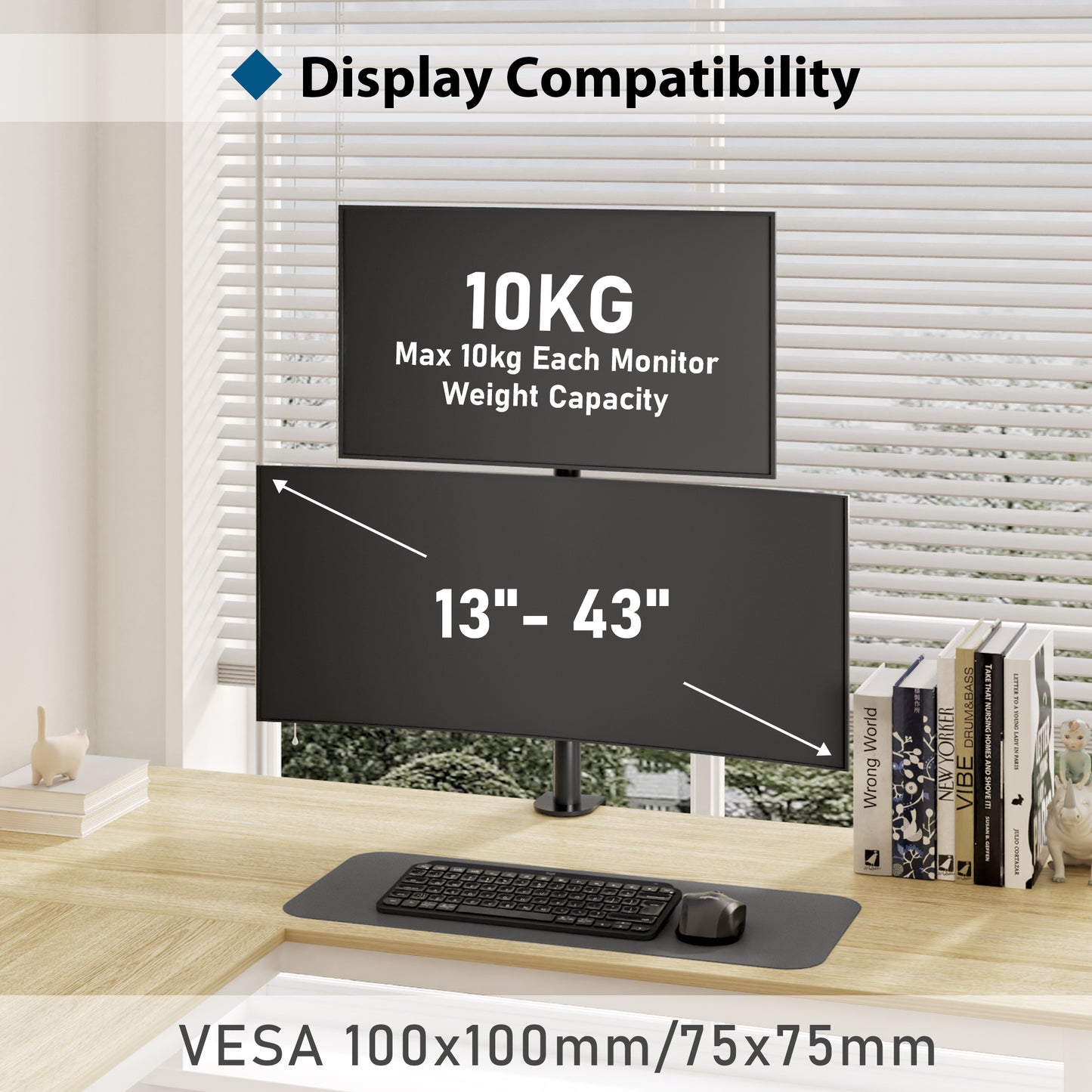 BONTEC Vertical Dual Monitor Desk Mount for 13-34 Inch Screens, Supports up to 10kg, with Full Motion Adjustability, Two Installation Options and Integrated Cable Management