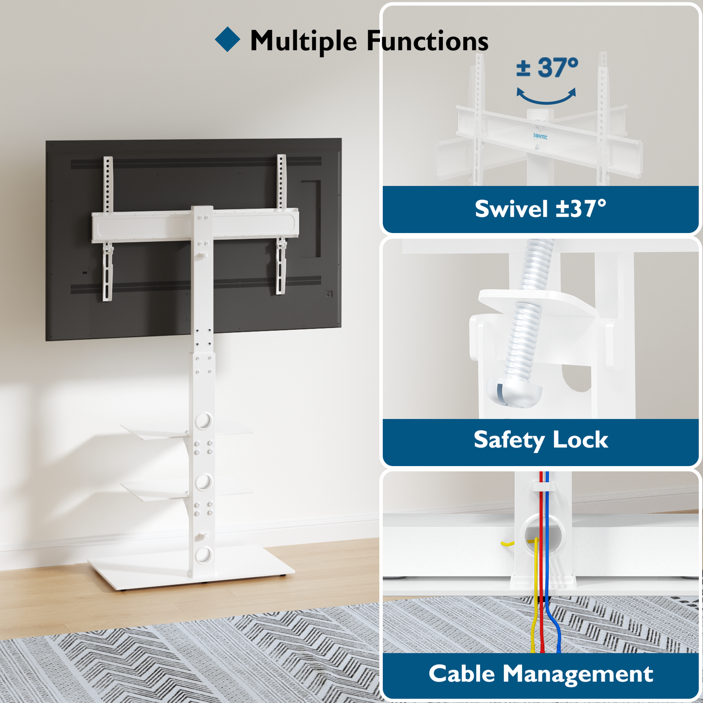 BONTEC Universal Floor TV Stand for 30-70 inch LED OLED LCD Plasma Flat Curved Screens, Height Adjustable Tall TV Stand with 3-Tier Tempered Glass Shelves up to 40KG, Max VESA 600x400mm