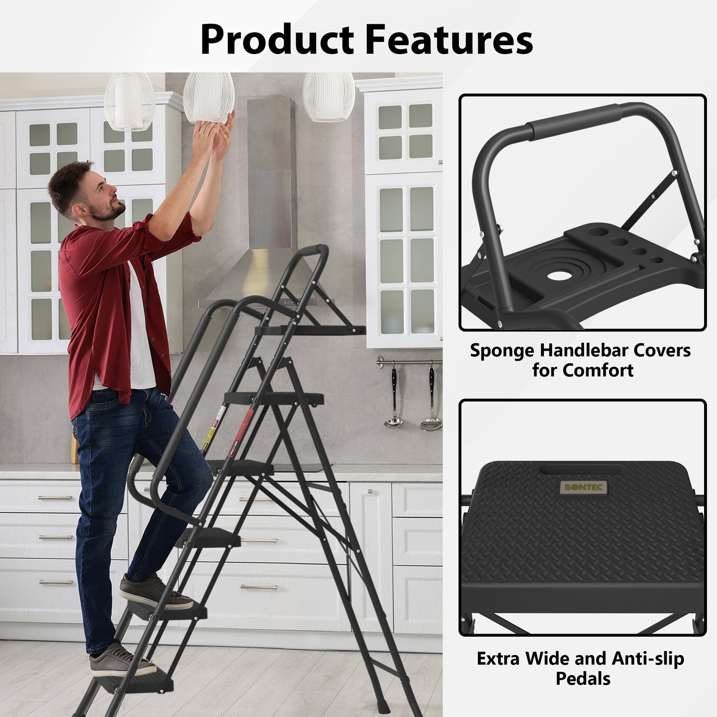 BONTEC 5 Step Ladder with Wide Anti-Slip Pedals, Folding Step Stool Capacity 181KG, Sponge Handrail, Strong and Solid Portable Ladder Suitable for Home, Kitchen, Pantry, Indoor/Outdoor Use