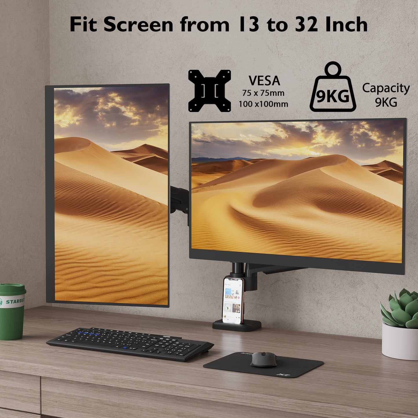 BONTEC Dual Monitor Desk Mount for 32-inch screens, Ergonomic Gas Spring Arm Stand with Cable Management, Tilt, Swivel, Rotation, VESA 75/100 mm