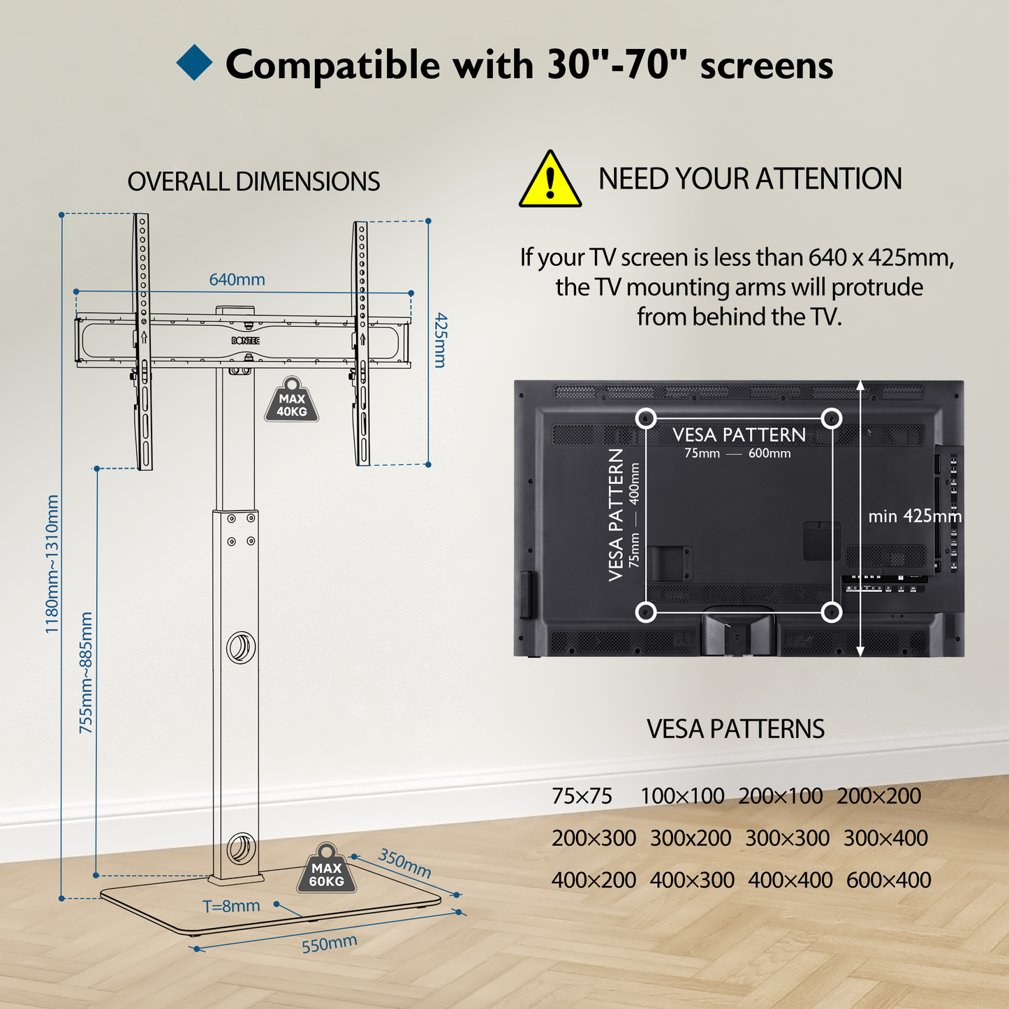 BONTEC TV Floor Stand for 30-70 inch LED LCD OLED Plasma Flat Curved TVs