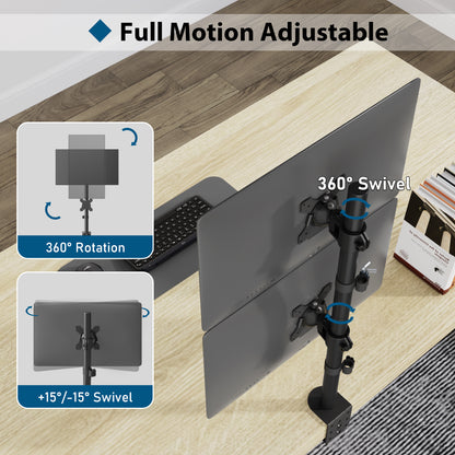 BONTEC Vertical Dual Monitor Desk Mount for 13-34 Inch Screens, Supports up to 10kg, with Full Motion Adjustability, Two Installation Options and Integrated Cable Management