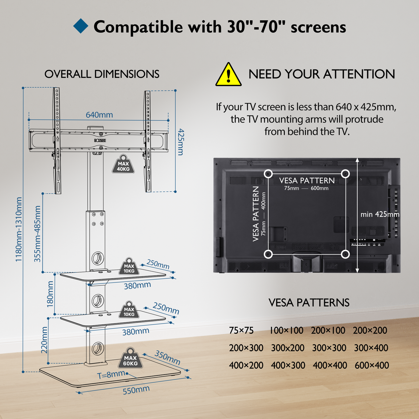 BONTEC Universal Floor TV Stand for 30-70 inch LED OLED LCD Plasma Flat Curved Screens, Height Adjustable Tall TV Stand with 3-Tier Tempered Glass Shelves up to 40KG, Max VESA 600x400mm