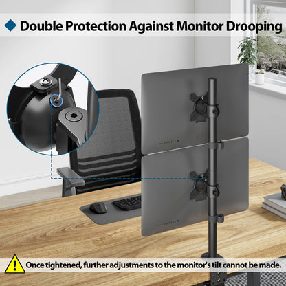 BONTEC Vertical Dual Monitor Desk Mount for 13-34 Inch Screens, Supports up to 10kg, with Full Motion Adjustability, Two Installation Options and Integrated Cable Management